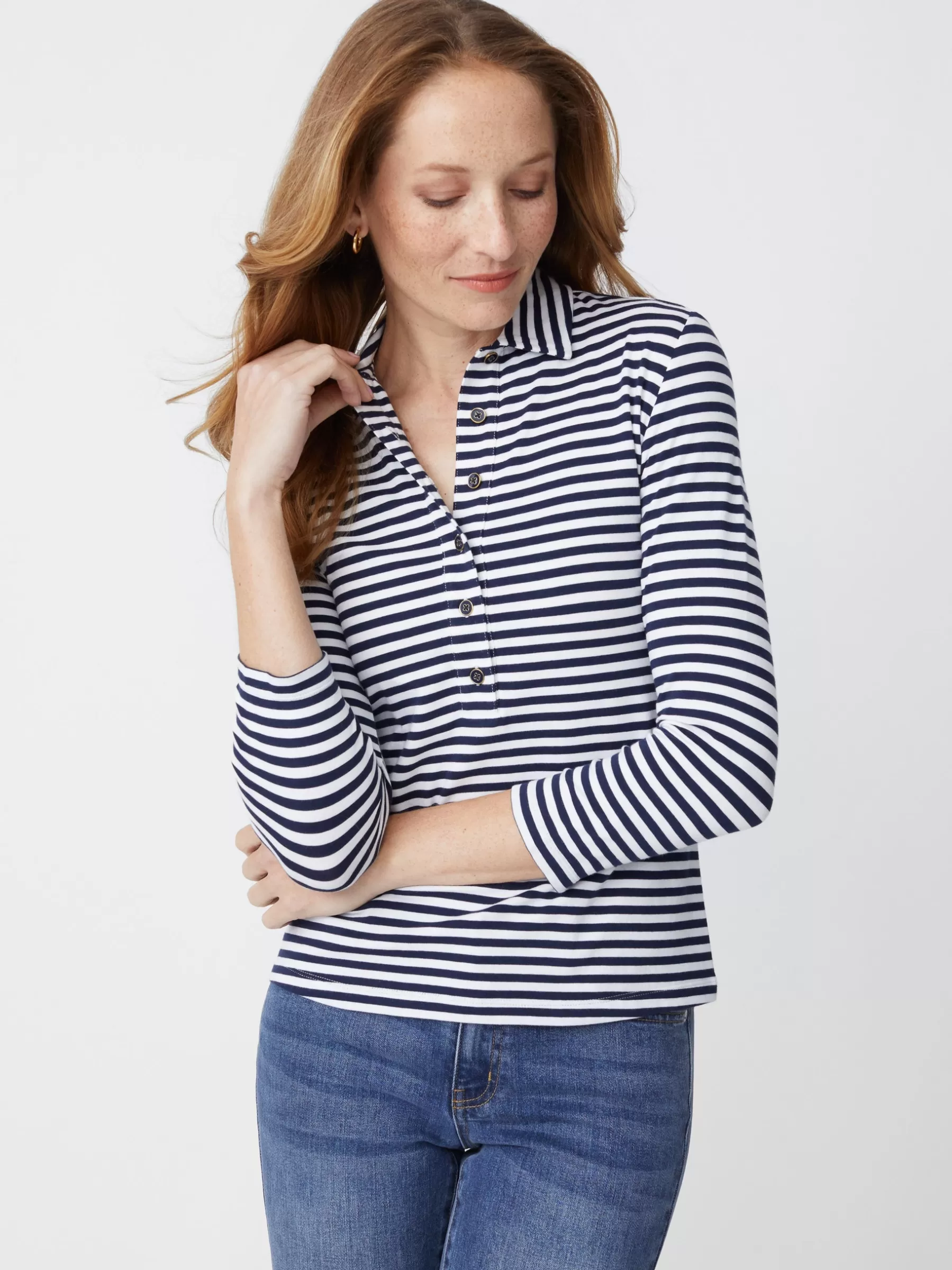 Best Court 3/4 Sleeve Polo In Stripe Women Tops