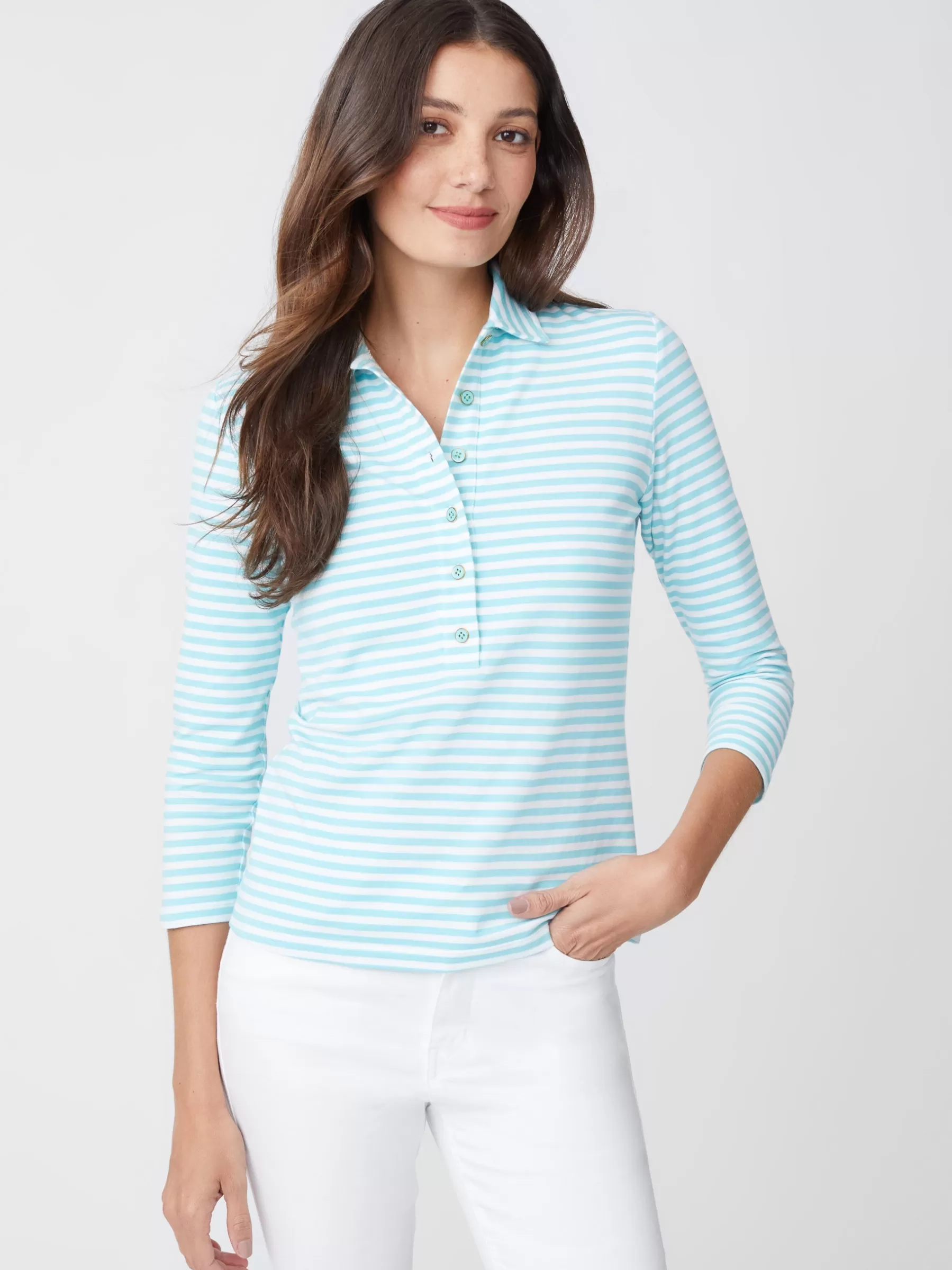 Store Court 3/4 Sleeve Polo In Stripe Women Tops