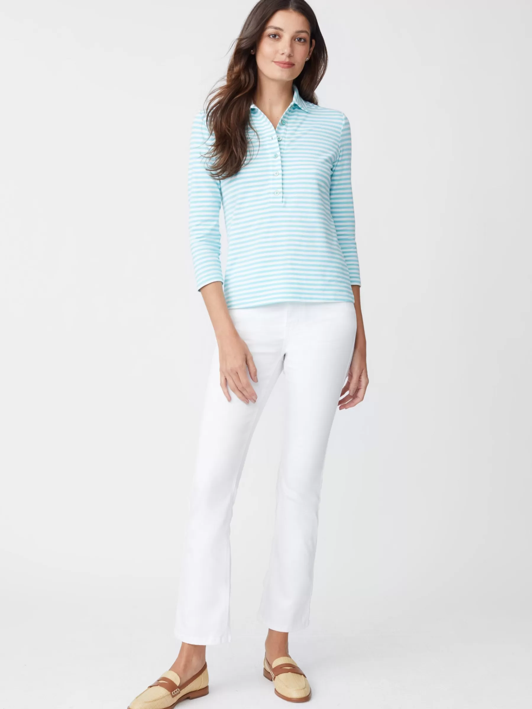 Store Court 3/4 Sleeve Polo In Stripe Women Tops